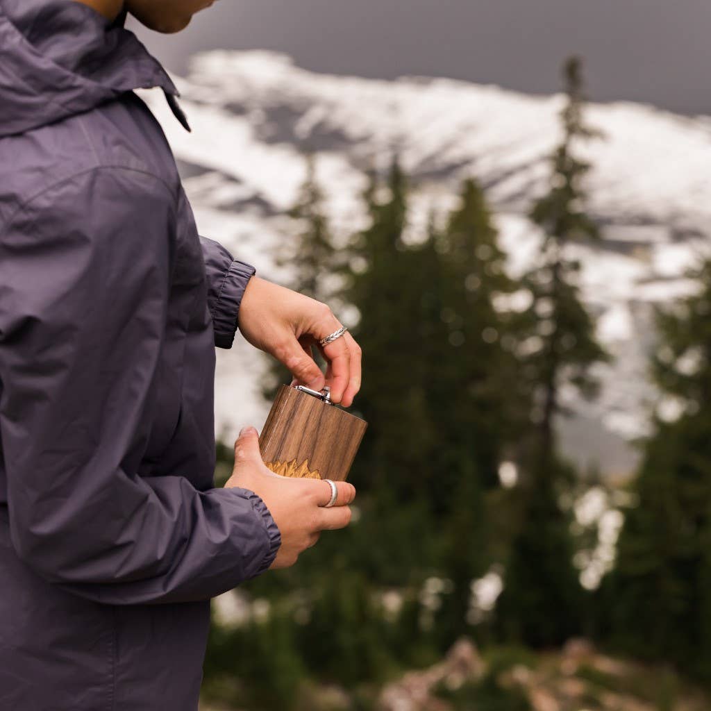6 oz. Wooden Hip Flask (with Gift Box): Sawtooth Mountains Walnut Sky