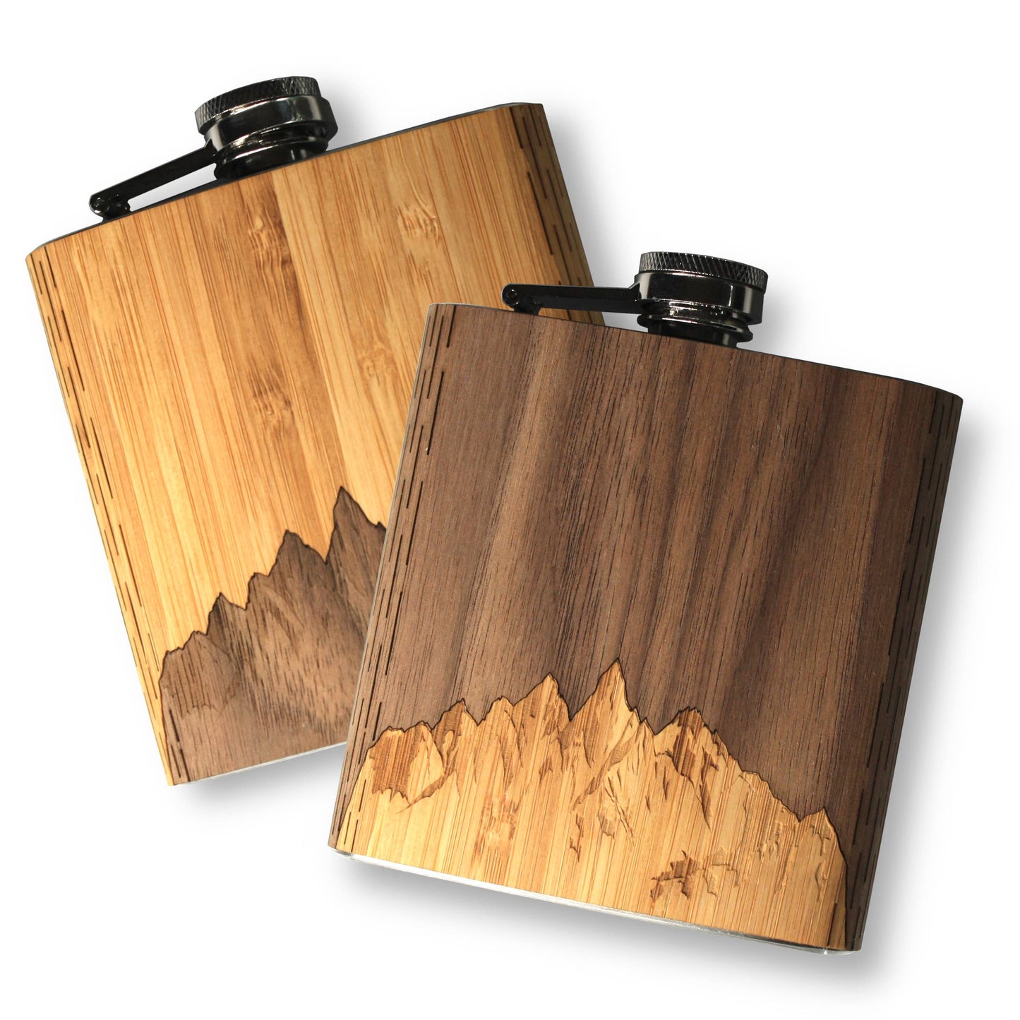 6 oz. Wooden Hip Flask (with Gift Box): Sawtooth Mountains Walnut Sky