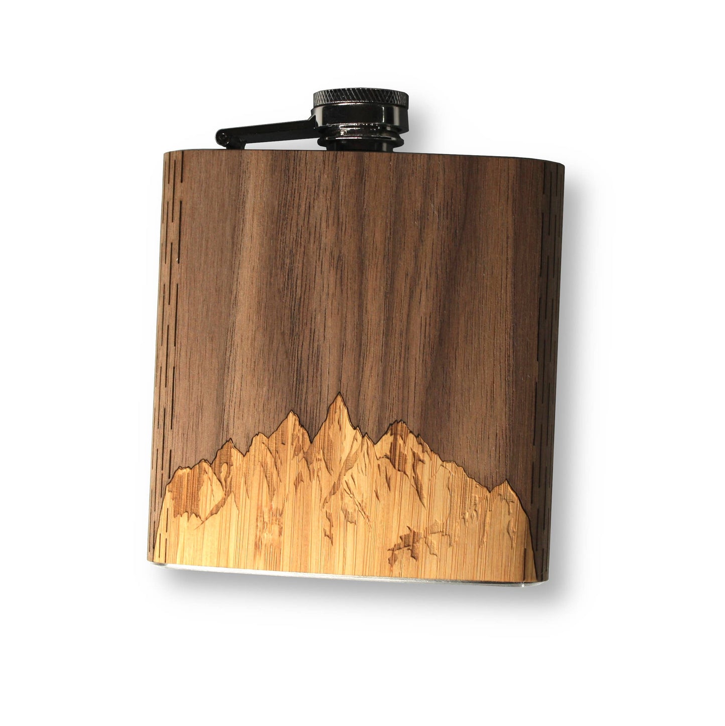 6 oz. Wooden Hip Flask (with Gift Box): Sawtooth Mountains Walnut Sky