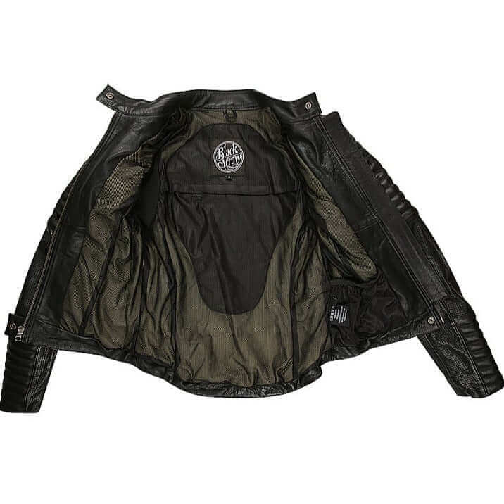 A black Wild and Free leather motorcycle jacket opened to show interior