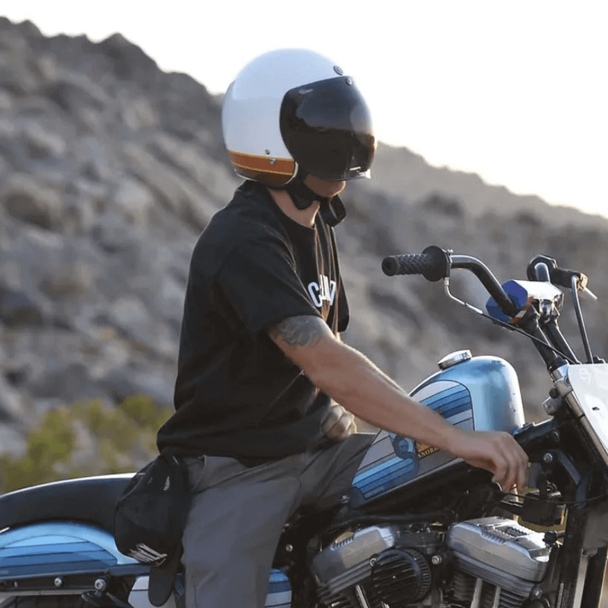 Torc T-50 Iso Bars with optional dark smoke bubble shield on tracker retro motorcycle