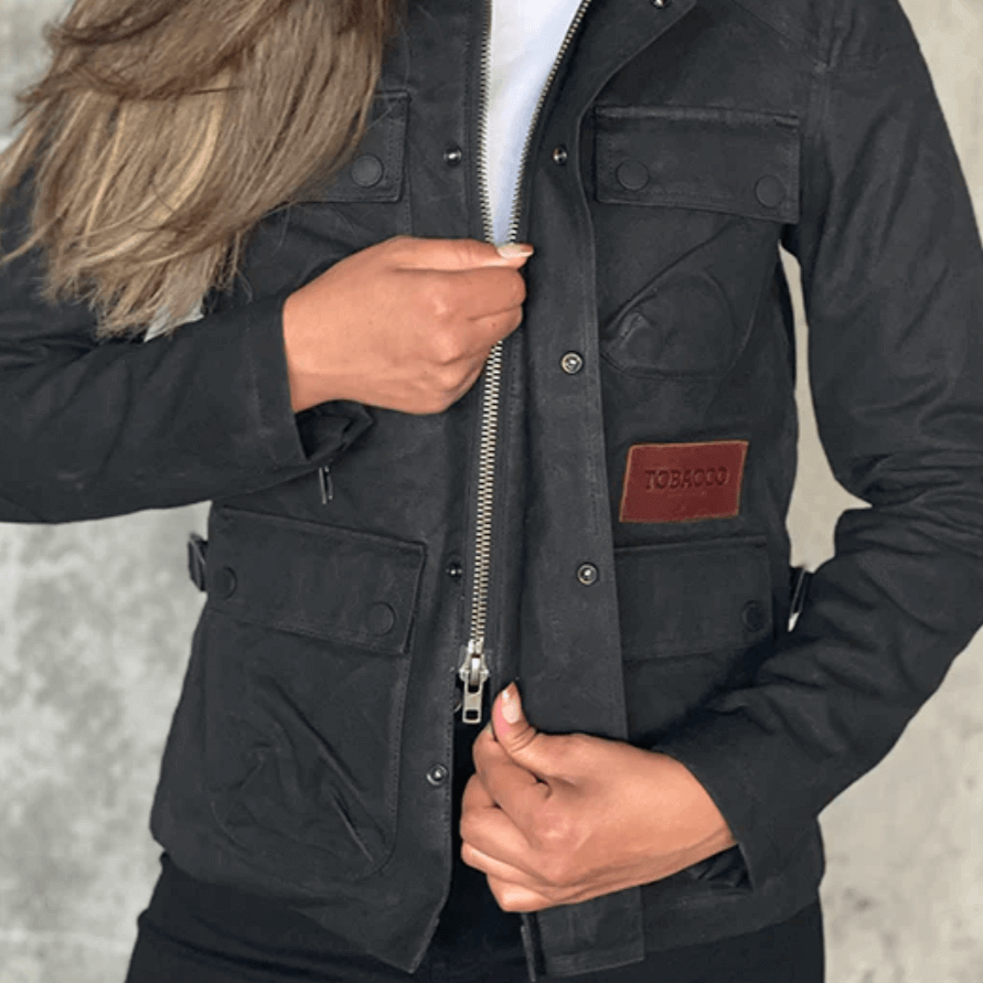 Tobacco Motorwear Women's McCoy Jacket Black female model zipping up front