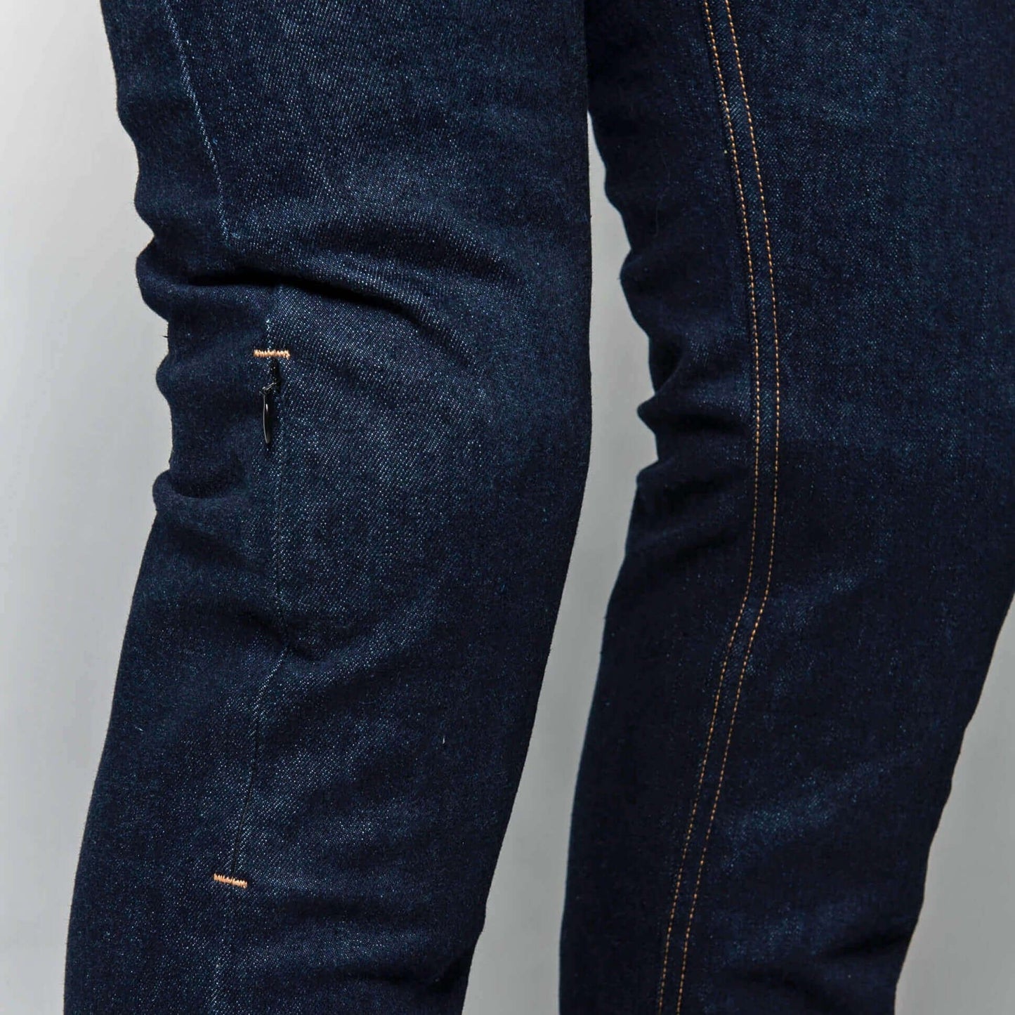 Tobacco Motorwear Ironsides Indigo Armored Jeans knee armor installed