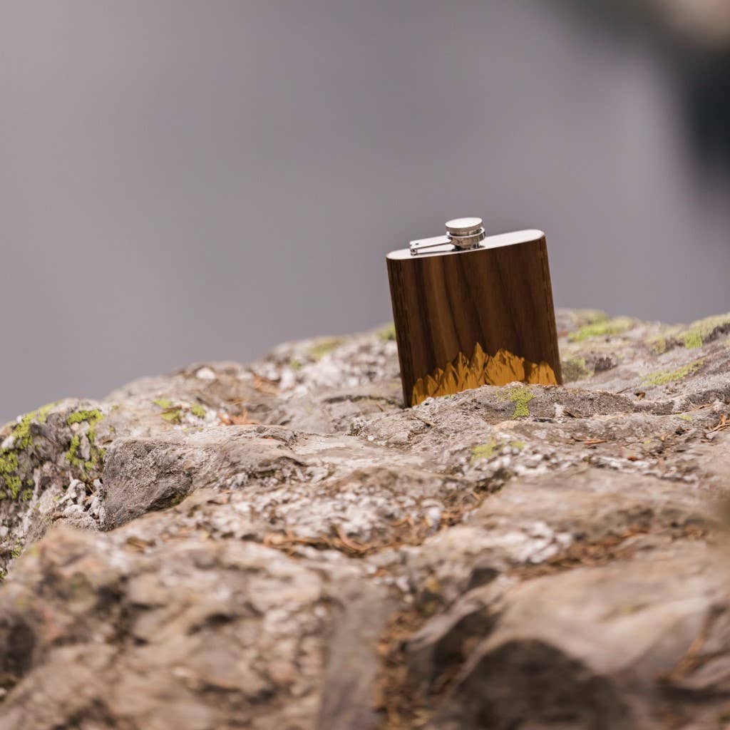 6 oz. Wooden Hip Flask (with Gift Box): Sawtooth Mountains Walnut Sky