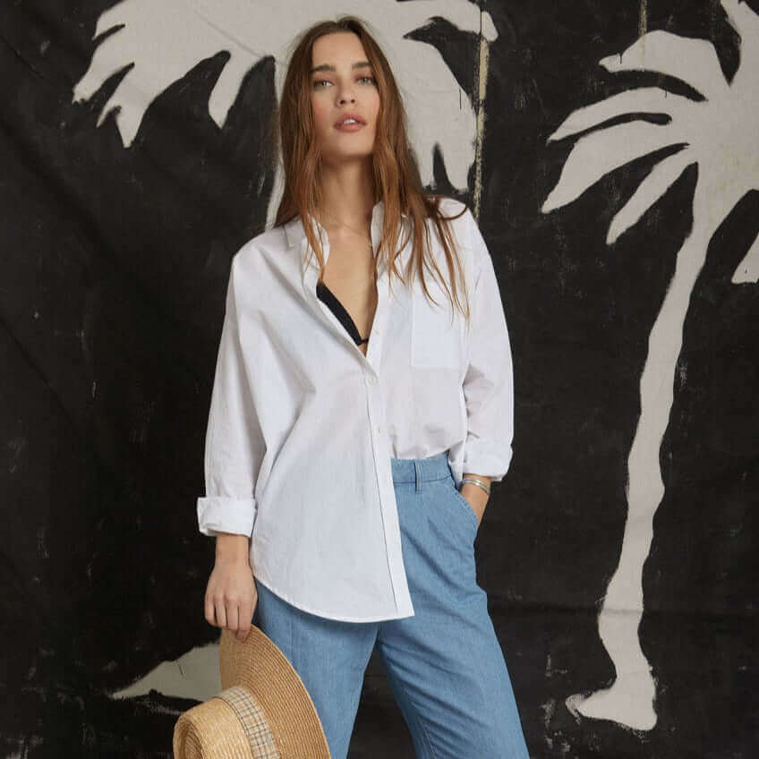Brixton Victory Trouser Pant Faded Indigo female model relaxed stance