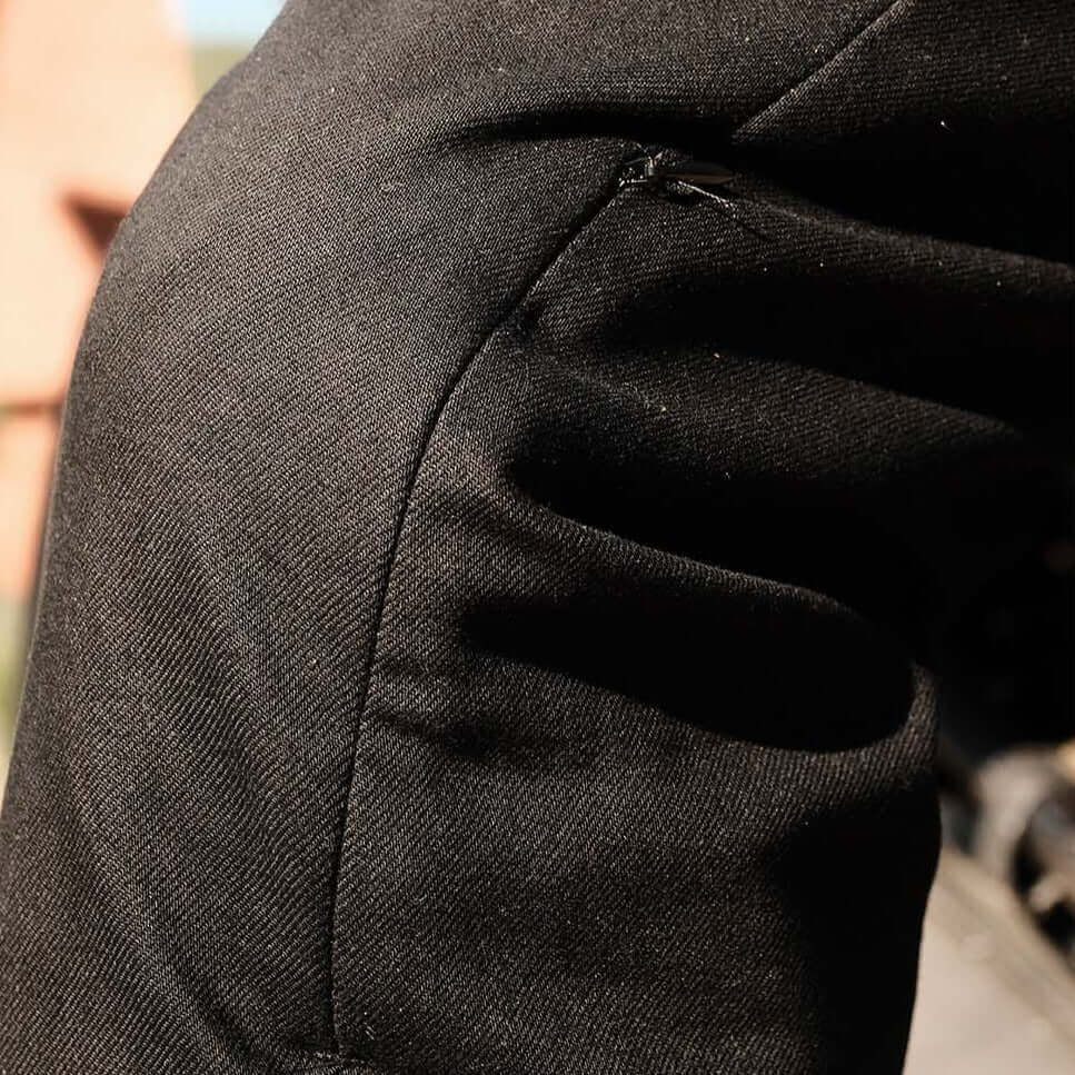 Tobacco Motorwear Ironsides Black Armored Jeans knee armor installed
