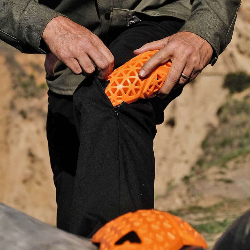 Tobacco Motorwear Ironsides Black Armored Jeans knee armor installation in desert