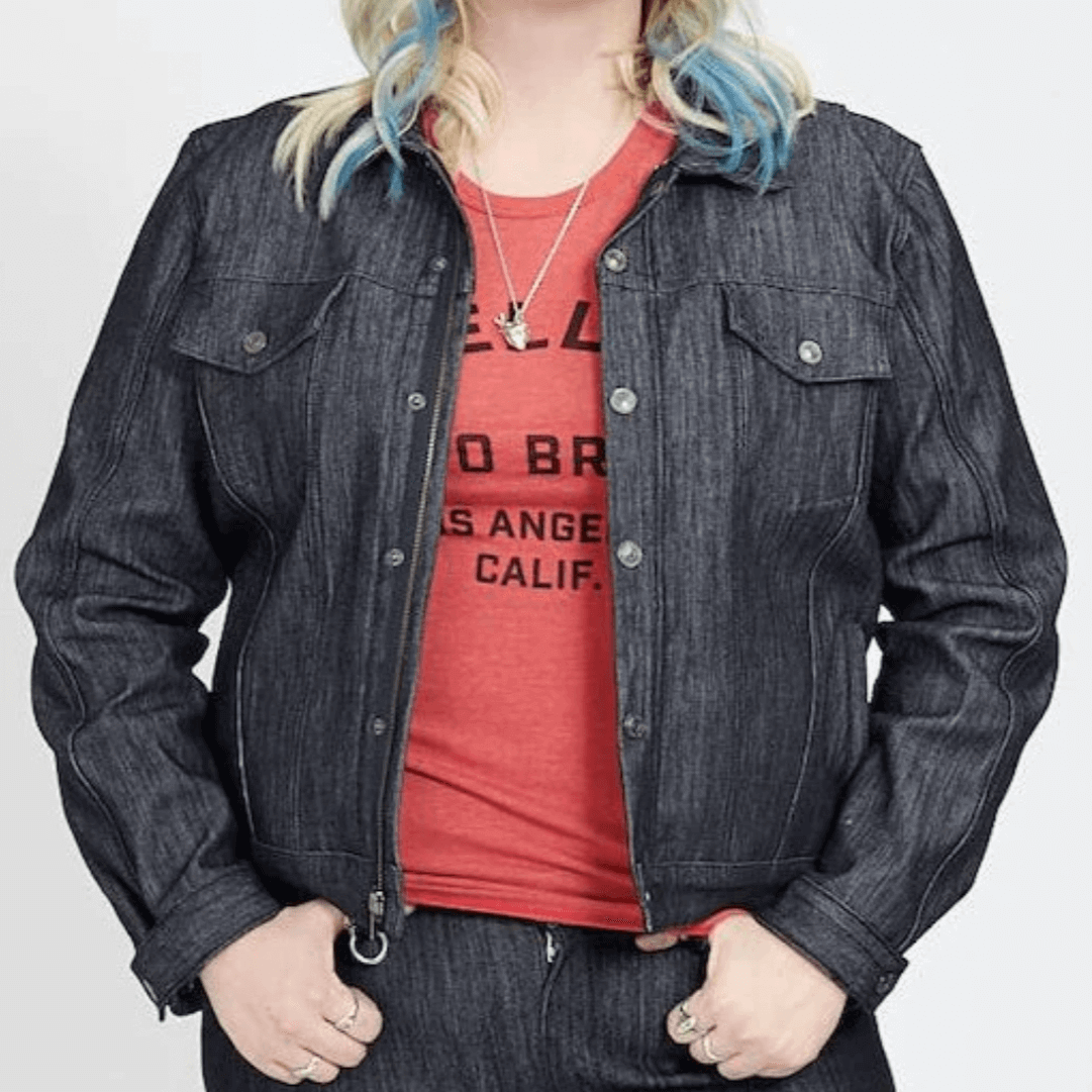 Stellar Horizon Armored Jean Jacket unbuttoned on female model with hands at side