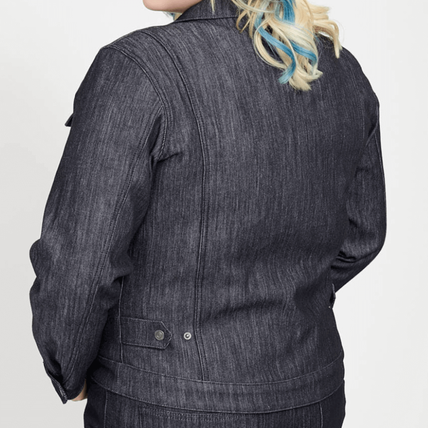 Stellar Horizon Armored Jean Jacket unbuttoned on female model back