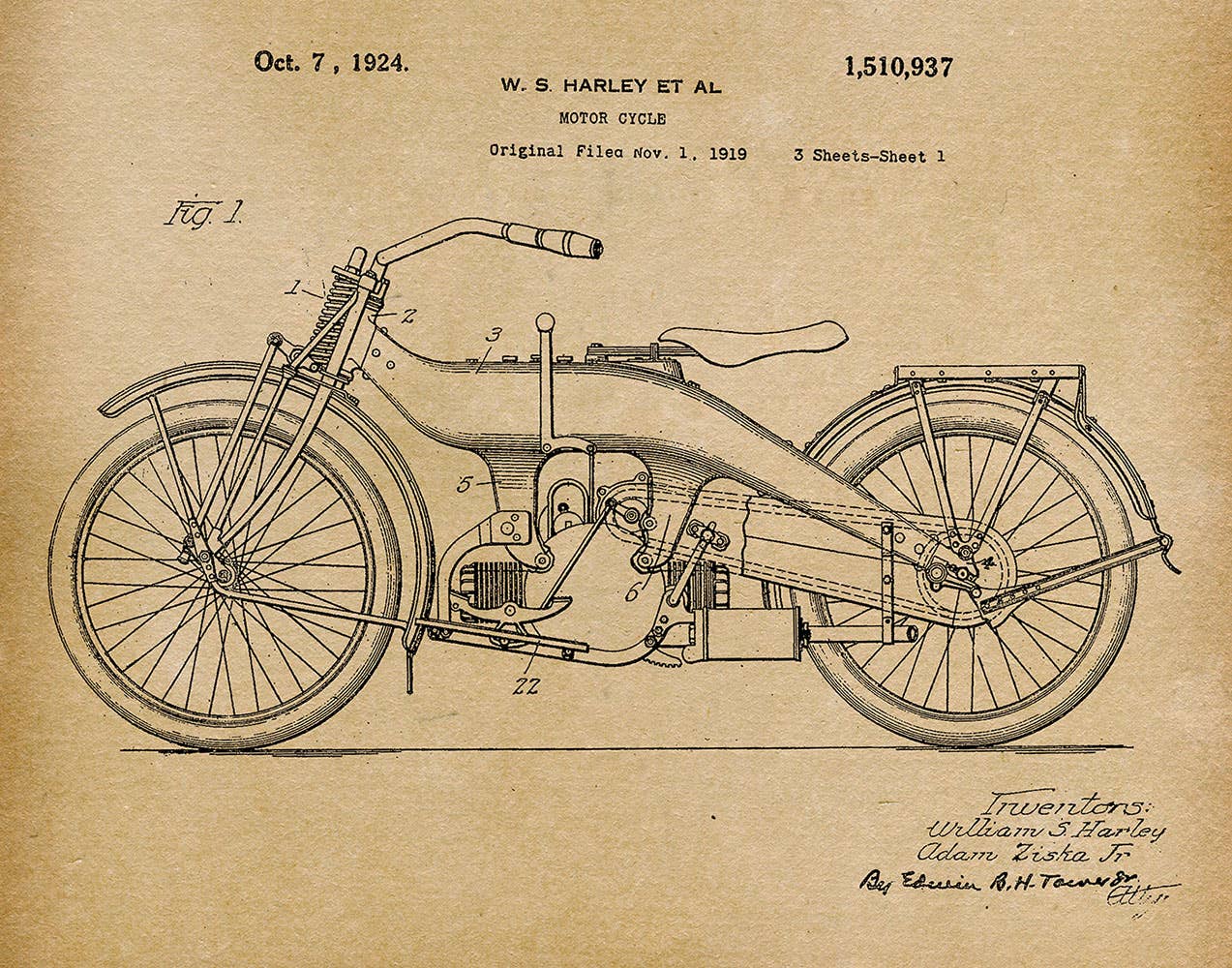 Harley Motorcycle 1924 Patent Art Print