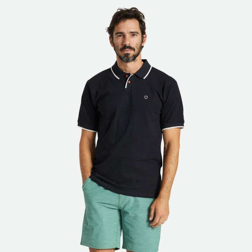 Brixton Proper S/S Polo Knit Black male model relaxed