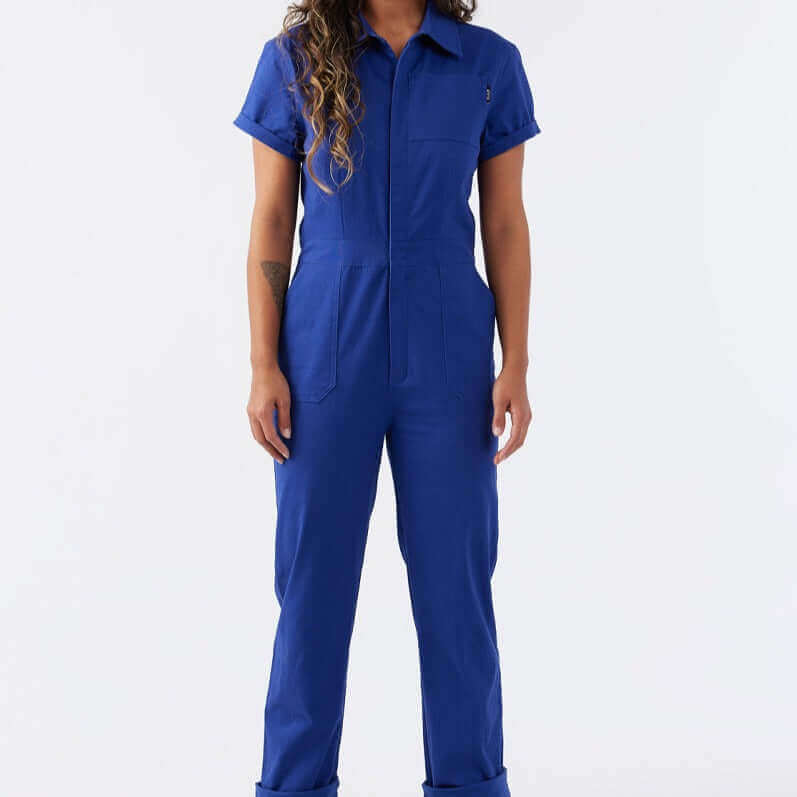 Atwyld Pit Crew Jumpsuit Retro Blue female model front