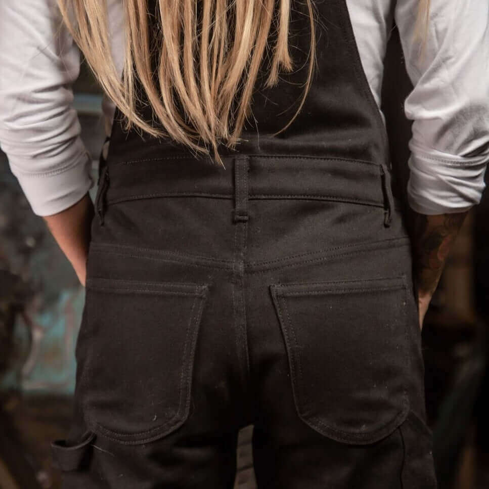 A rear view of the pockets on the seat of Boondocks motorcycle riding overalls