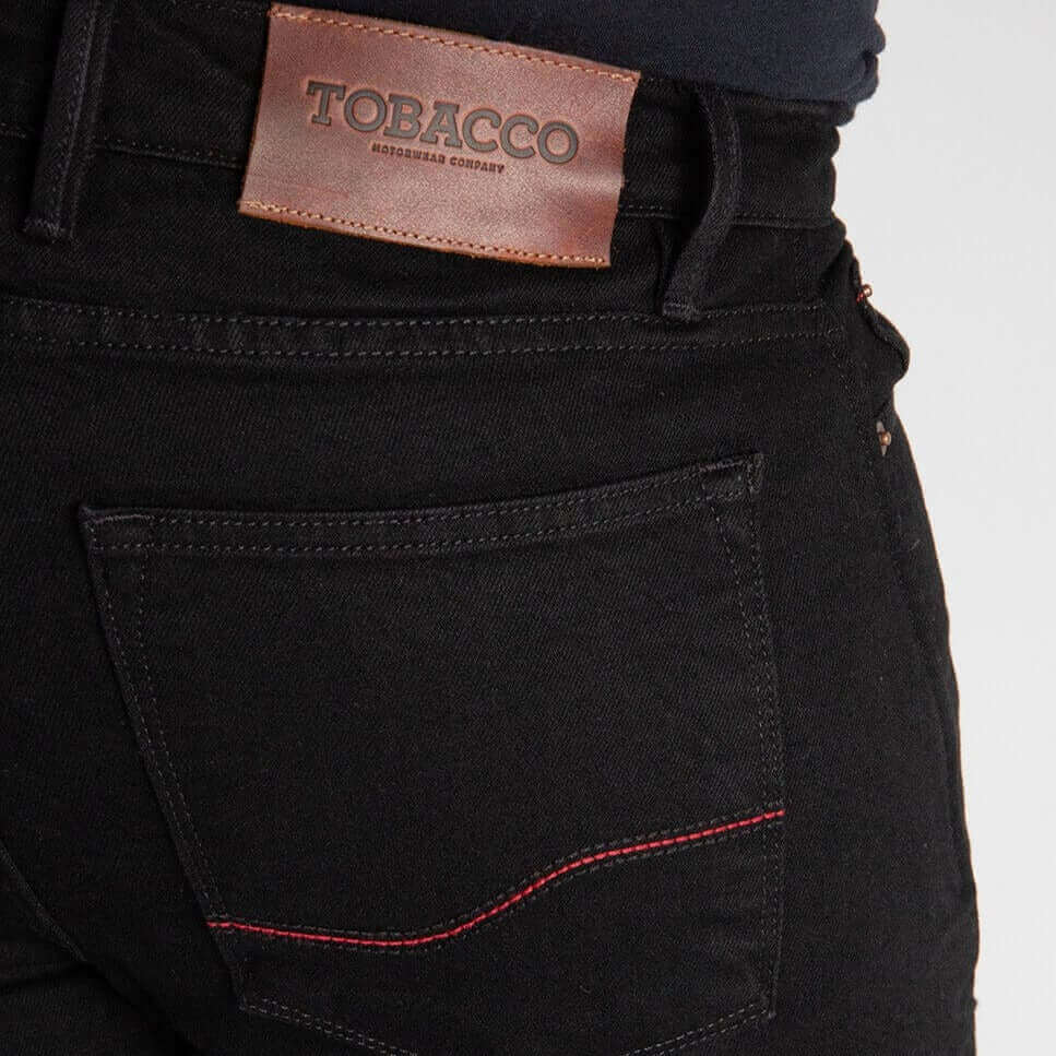 Tobacco Motorwear Ironsides Black Armored Jeans back pocket and leather patch