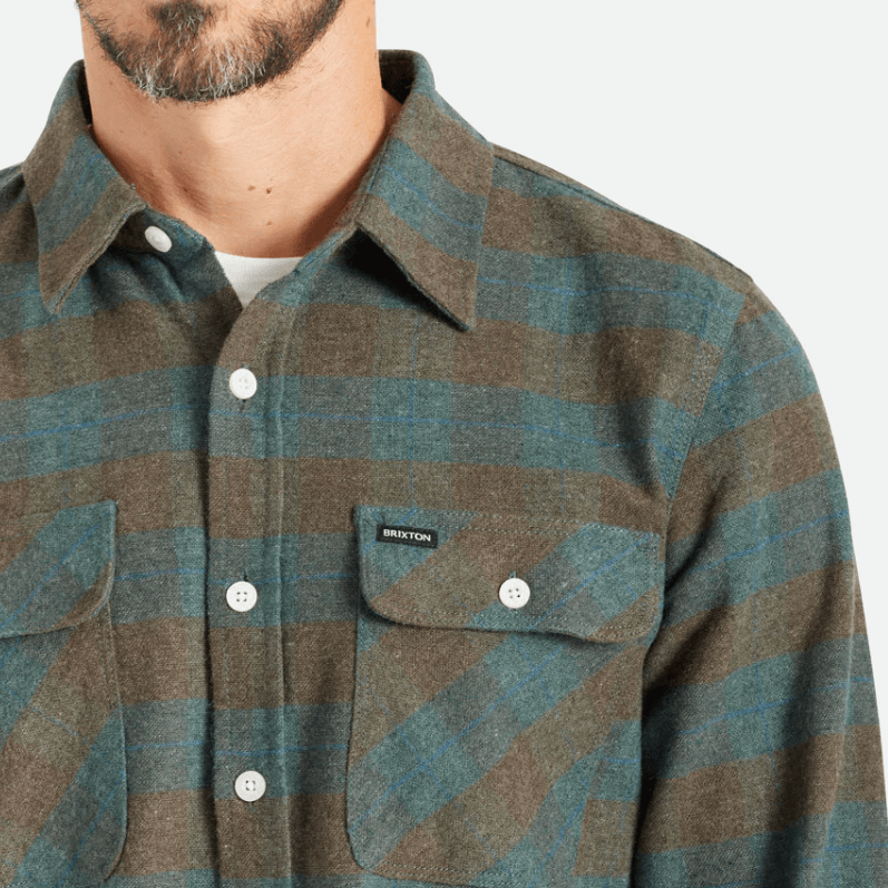 Brixton Bowery Flannel Ocean Male Model Shoulder Close Up