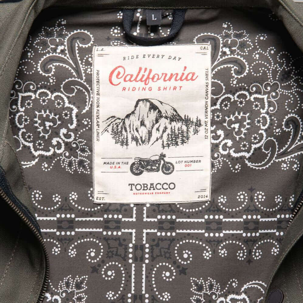 Tobacco Motorwear California Riding Shirt Moss Collar Patch and Bandana Interior