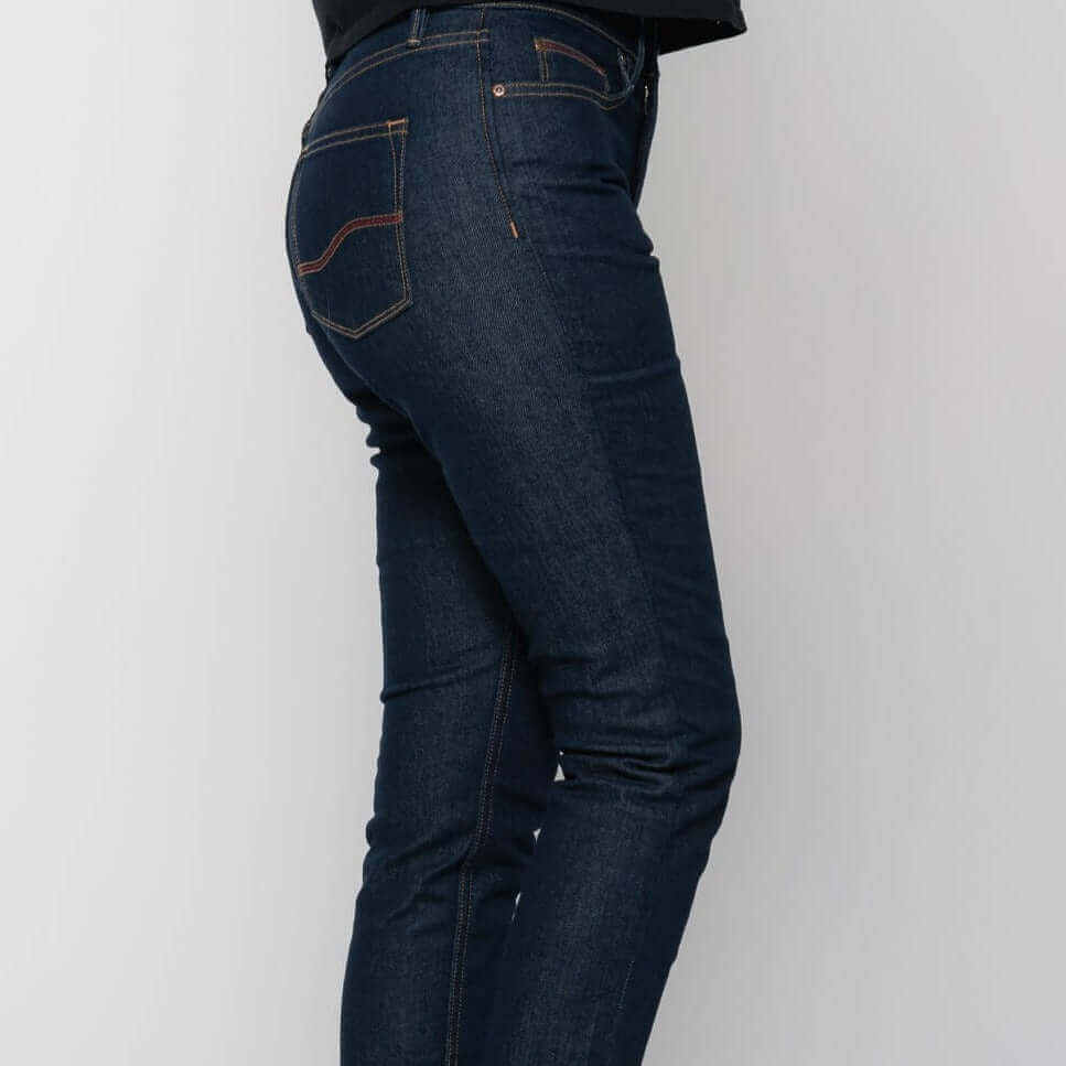 Tobacco Motorwear Runaways Women's Indigo Riding Jeans female model profile