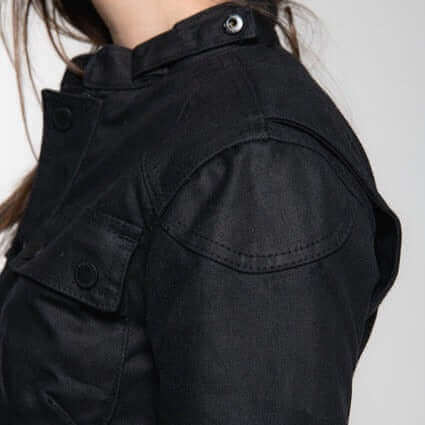 Tobacco Motorwear Women's McCoy Jacket Black female model shoulder up close