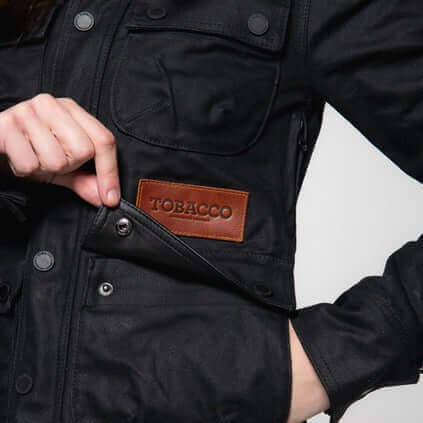 Tobacco Motorwear Women's McCoy Jacket Black female model front pocket opening