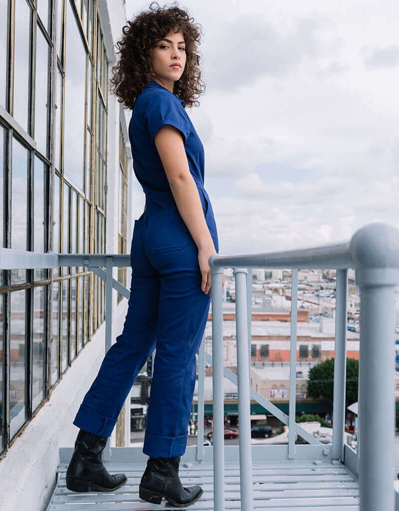Atwyld Pit Crew Jumpsuit Retro Blue on balcony from side