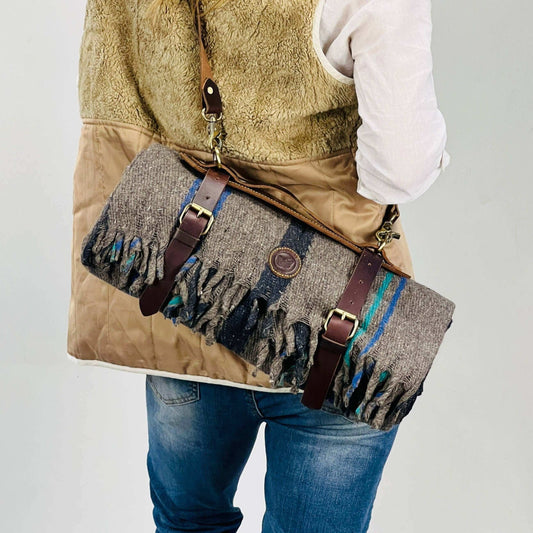 Highland Grey Blanket with Carrier on leather strap on female model