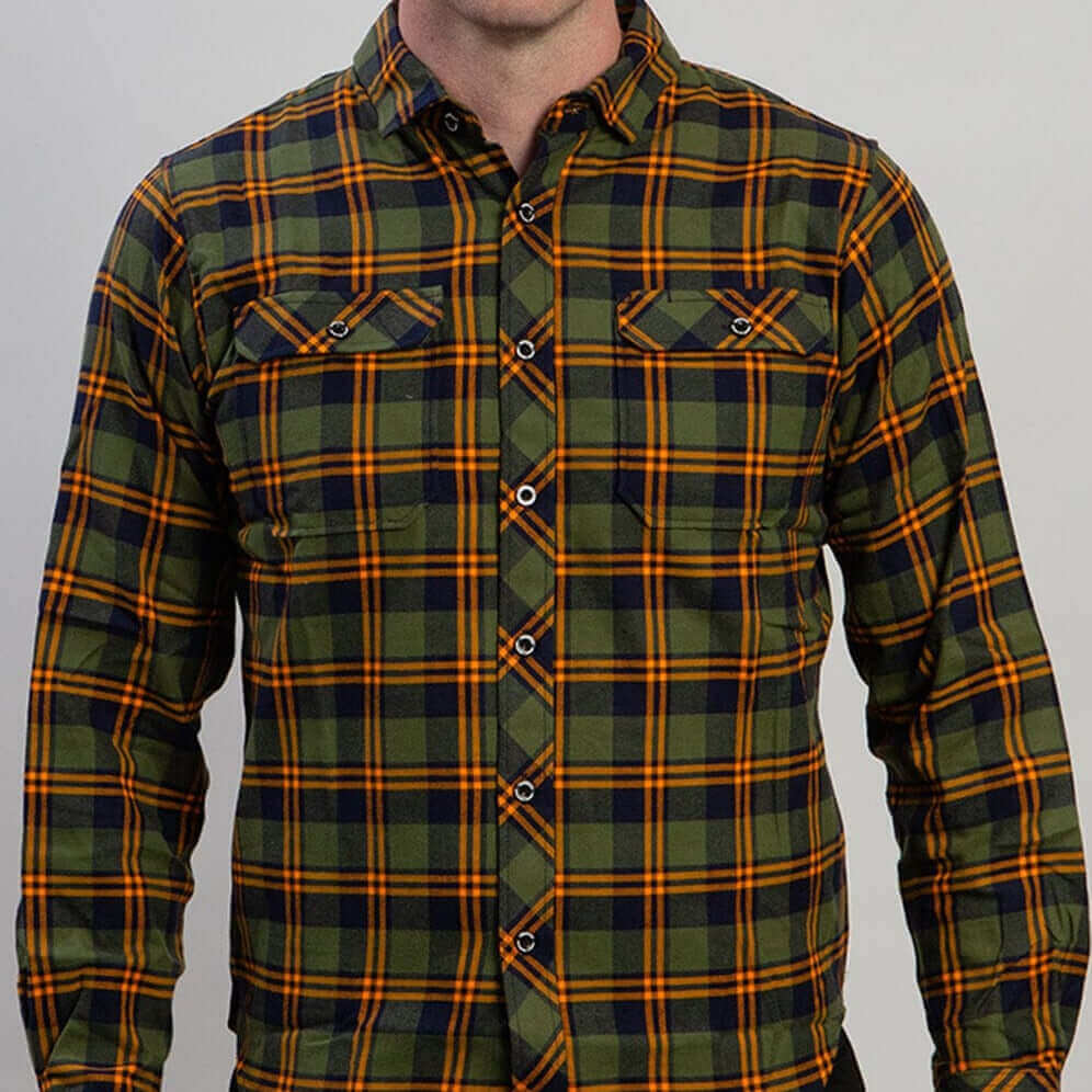 Tobacco Motorwear Flannel Highland male model front