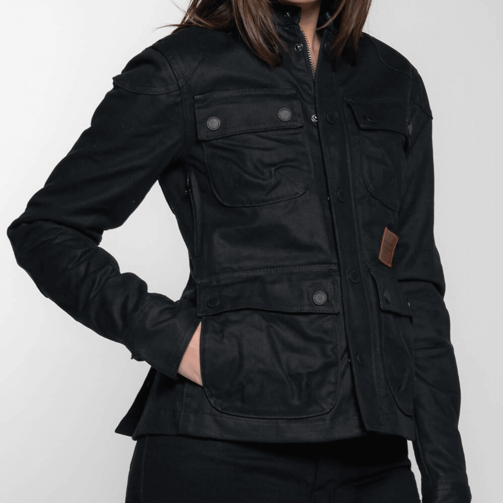 Tobacco Motorwear Women's McCoy Jacket Black female model with hand in pocket